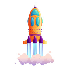 Aufkleber - Takeoff of rocketship, traces and clouds, shuttle flight isolated cartoon icon. Vector new project or business startup concept, exploration of cosmos and space, innovation technology, vehicle liftoff
