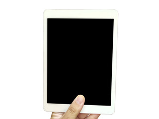 Poster - Person holding a white tablet with a black screen isolated on a white background