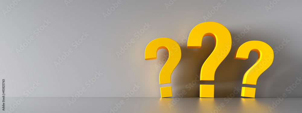 Three yellow question marks in front of a gray wall - obrazy, fototapety, plakaty 