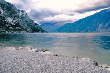 Rocky mountain shore of Lake Garda Italy