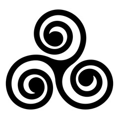 Poster - black Celtic triskelion spirals over the white one. Triple helix with two, three turns. Motifs twisted and connected spirals, showing rotational symmetry