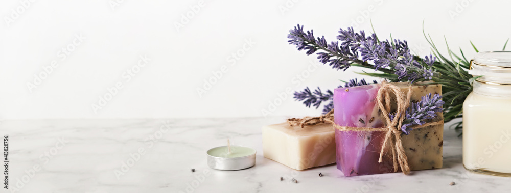 Banner with lavender cosmetics products and place for text. Home body skin care, Spa setting - obrazy, fototapety, plakaty 