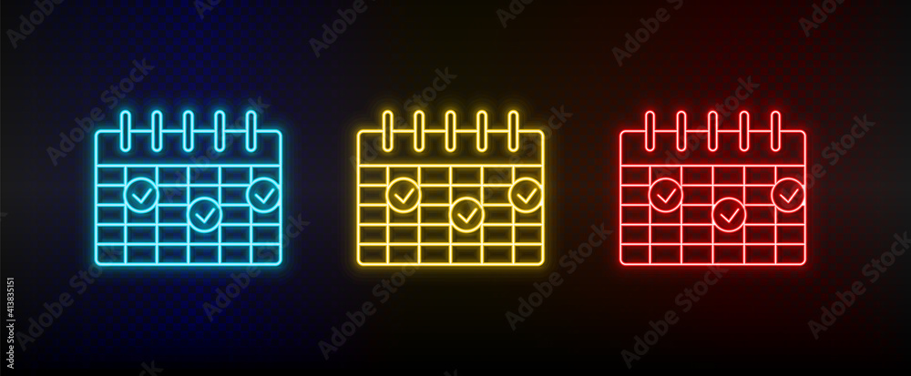 Neon icon set calendar, deadline. Set of red, blue, yellow neon vector icon - obrazy, fototapety, plakaty 