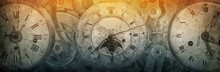 The Dials Of The Old Antique Classic Clocks On A Vintage Wide Paper Background. Concept Of Time, History, Science, Memory, Information. Retro Style. Vintage Clockwork Background.