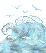 Sea waves graphic. Vector illustration of a sea with giant waves