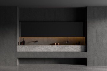 Grey bathroom with two sinks and mirrors, marble floor