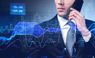 Poster - Young sale person at investment bank is contracting with a clien