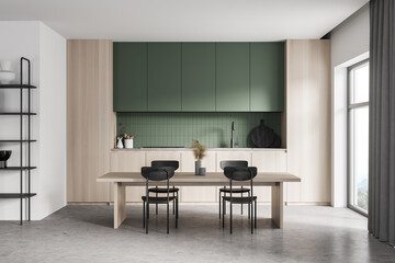 Wooden kitchen with eating table and shelf, window and marble floor