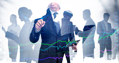Poster - Trader is carrying out a research of historic data of stock market behaviour by pointing to hologram outlier. Financial graph, internet trading concept. Double exposure