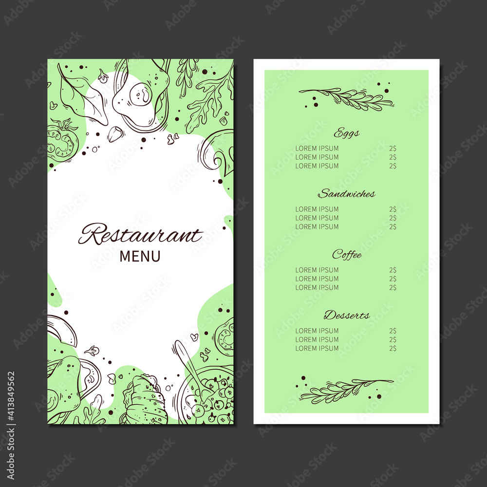 Breakfast menu for restaurant and cafe. Design template with hand-drawn ...