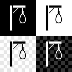 Sticker - Set Gallows rope loop hanging icon isolated on black and white, transparent background. Rope tied into noose. Suicide, hanging or lynching. Vector.