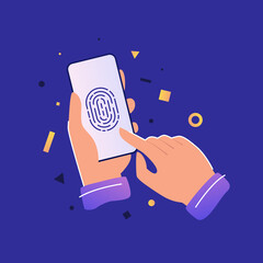 Wall Mural - Access to personal information on the phone by fingerprint. Hands hold smartphone vector illustration. Private data is closed from public use. Personal data protection rules in mobile applications.