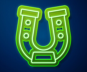 Poster - Glowing neon line Horseshoe icon isolated on blue background. Vector.