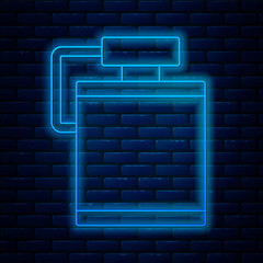 Canvas Print - Glowing neon line Canteen water bottle icon isolated on brick wall background. Tourist flask icon. Jar of water use in the campaign. Vector.