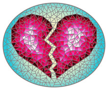 Illustration In Stained Glass Style With An Abstract Pink Broken Heart  On A Blue Background, Oval Image