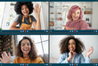 © insta_photos - Four happy multicultural diverse friends young women talking during online virtual chat video call in group conference social distance chat virtual meeting. Computer videocall app montage screen view.
