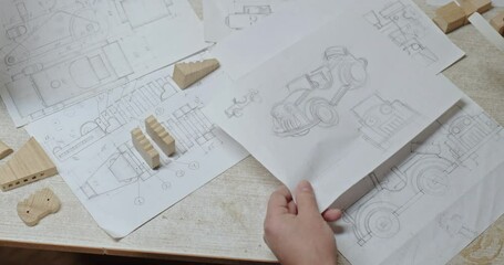 The idea of creating a new product from wood in the picture of a carpenter on the table. Wonderful fresh concept of a toy made of natural wood made by hand.