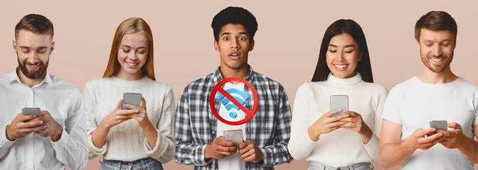 Poster - Frustrated black man having problems with internet connection among multiracial people using mobile phones