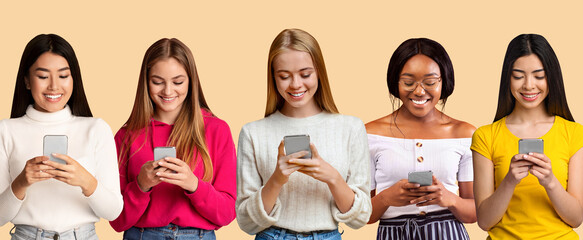 Poster - Positive multiracial ladies stuck in smartphones shopping, studying, working or communicating in social media