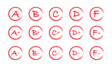Assessment Results. Hand Drawn School Or College Exam Results. Class Grades With Circles, Pluses And Minuses. Vector Illustration.
