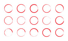 Red Circle Pen Draw Set. Collection Of Different Red Circles. Highlight Hand Drawn Circle Isolated On White Background. Hand Drawn For Marker Pen, Pencil, Logo And Text Check. Vector Illustration.