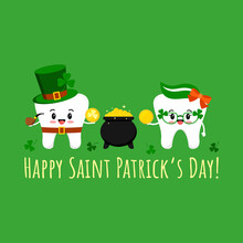 St Patrick Day Tooth In Leprechaun Costume, Cauldron And In Clover Glasses With Coin. Dental Teeth Irish Character On Dentist Greeting Card. Flat Design Cartoon Vector Happy Paddy's Day Illustration.