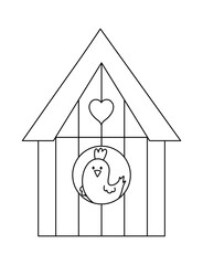 Poster - Vector black and white starling-house with bird inside icon isolated on white background. Spring outline traditional symbol and design element. Cute wooden bird house illustration for kids.