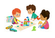 © FoxyImage - Children sit in circle and play with toys in the kindergarten classroom, play with wooden toy blocks, cars, doll and laugh. Learning through entertainment concept. Vector illustration for flyer