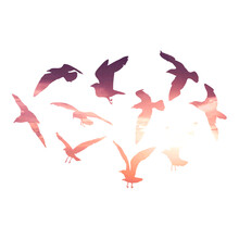 Watercolour Silhouette Of Flying Birds Seagulls On White Background. Inspirational Body Flash Tattoo Ink Of Sea Birds. Vector.