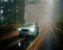 SUV Automobile Driving Through Foggy And Rainy Forest Road