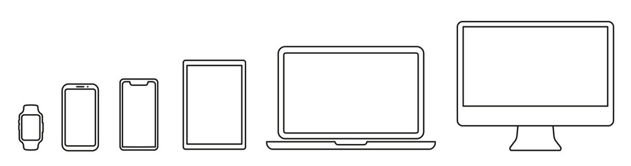 Poster - Set technology line devices icon: computer, laptop, tablet, smartphone, watch icons. Outline mockup electronics devices monitor lines simple isolated - stock vector