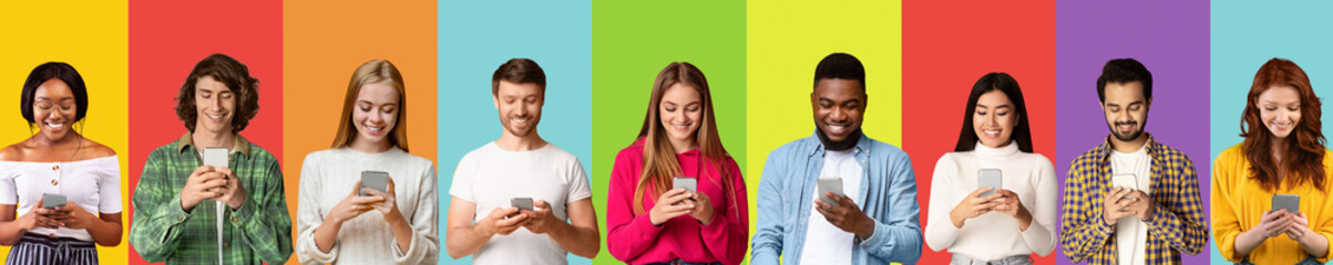 Poster - Phubbing concept. Collage with diverse young people stuck in cellphones, studying, working, browsing web or social media