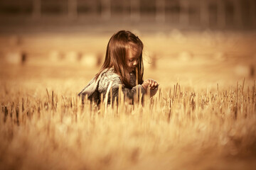 Happy two year old girl walking in summer harvested field