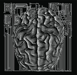 Aufkleber - Surreal futuristic composition with printed circuit board and brain on the dark background. Sci-fi vector illustration made in pixel art style.