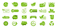 Set Of Organic, Eco, Vegan, Bio Food Labels. Collection Logos For Healthy Food. Green Emblems For Promotion Natural Products. Vector Illustration.
