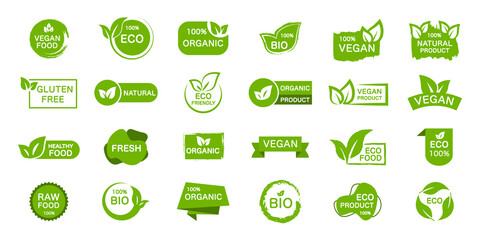 set of organic, eco, vegan, bio food labels. collection logos for healthy food. green emblems for pr