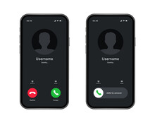 Phone Call Screen Interface. Incoming Call Template On Smartphone. Mobile Phone Display. Vector Illustration.