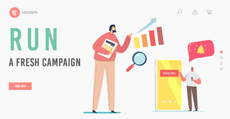 Poster - Digital Marketing Landing Page Template. Business Characters Sending Emails to Clients.Tiny Business Man Mailing
