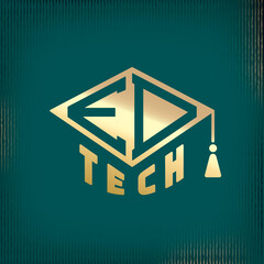 Wall Mural - Educational Technologies Inverted Logo Concept with Ed Tech Lettering Combined with Square Academic Graduation Cap Sign - Gold on Turquoise Background - Contrast Graphic Design