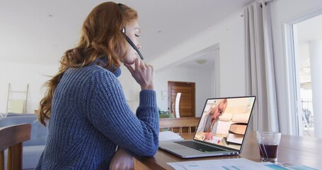 Poster - Caucasian female teacher using laptop and phone headset on video call with female student