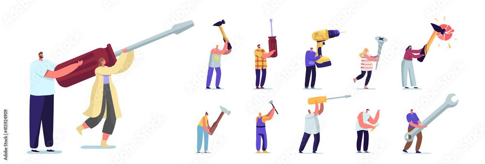 Set of People with Hand Instruments. Tiny Male and Female Characters Holding Huge Tools Screwdriver, Hammer and Wrench - obrazy, fototapety, plakaty 