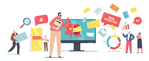 Poster - Email Digital Marketing, Online Communication Concept. Tiny Business Characters at Huge Computer Sending Messages