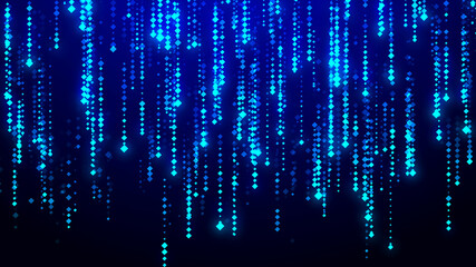 Poster - cyberspace with blue digital falling lines. starburst dynamic lines or rays. binary hanging chain. a