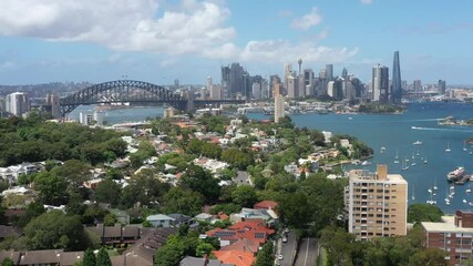 Canvas Print - Skyline of Sydney city CBD on shores of Harbour – aerial flying in 4k.
