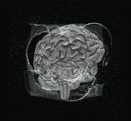Poster - 3D vector illustration of brain made of pixels and particles. Concept of neural network, neurology and neuroscience.