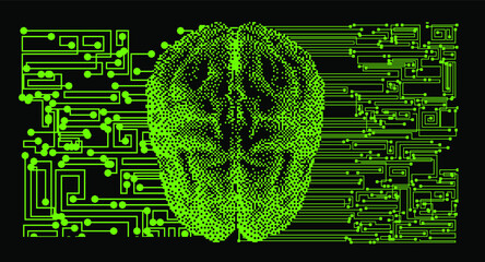 Aufkleber - Surreal futuristic composition with printed circuit board and brain on the dark background. Sci-fi vector illustration made in pixel art style.