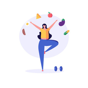 Diet plan illustration. Woman exercising and planning diet with fruit and vegetable. Concept of dietary eating, meal planning, nutrition consultation, healthy food. Vector illustration for web design