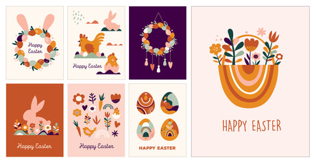 Boho Easter concept design, greeting cards with bunnies, eggs, flowers and rainbows in pastel and terracotta colors, flat vector illustrations