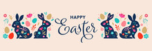 Happy Easter, Decorated Easter Card, Banner. Bunnies, Easter Eggs, Flowers And Basket. Folk Style Patterned Design. 