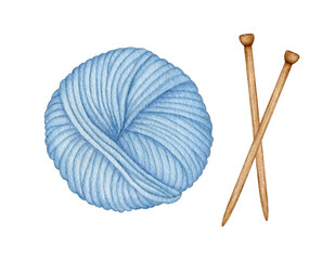 Watercolor Knitting tools. Skein, Blue wool Yarn Ball with wooden needles. Needlework, knitting, Handmade Hobby. Hand drawn clip art, element isolated for knitters blog design, logo, pattern, poster